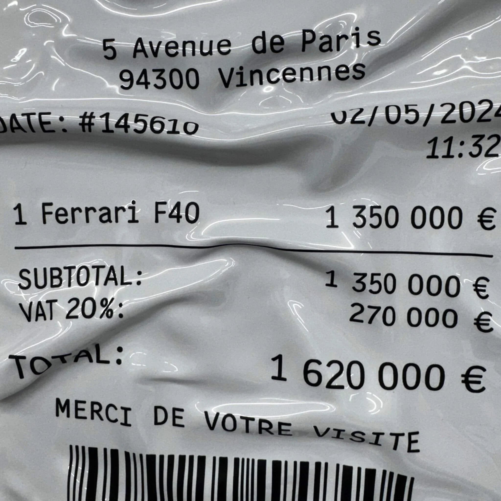 Tableau Déco Ticket de Caisse "Ferrari F40" - Tableau froissé