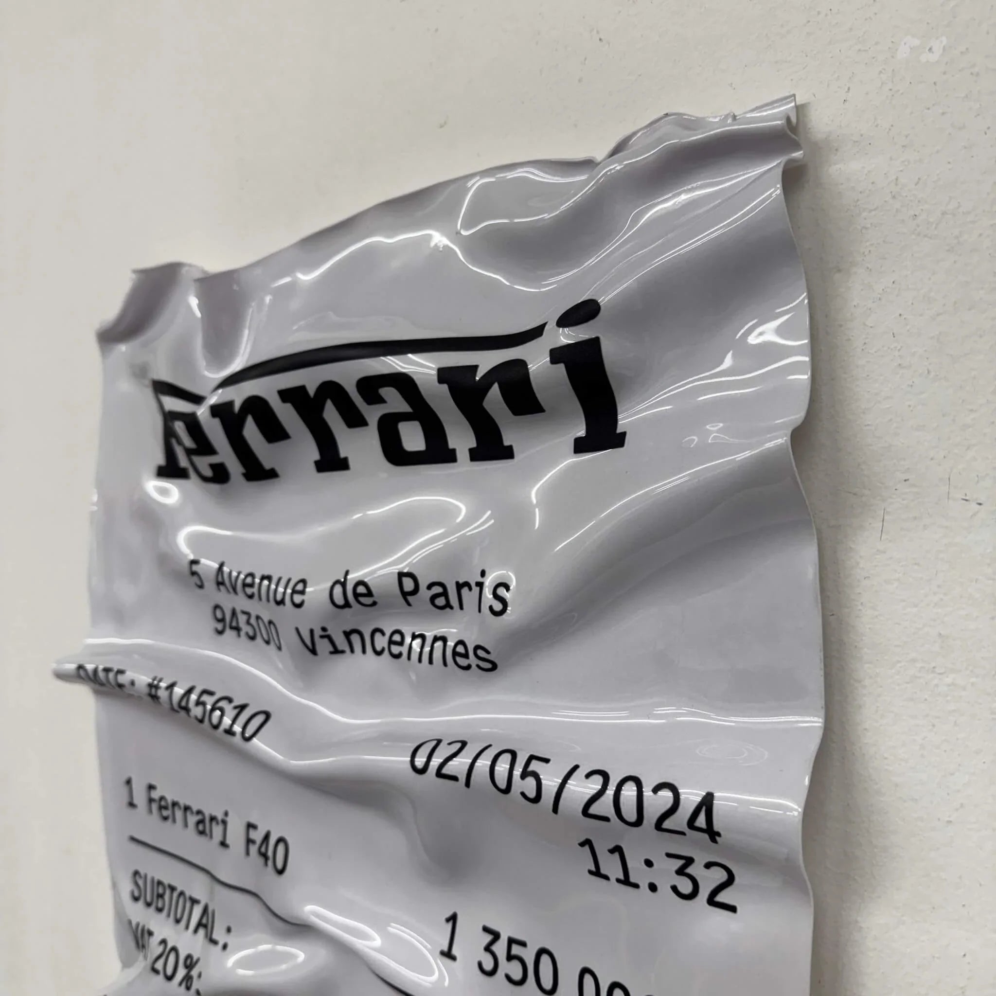 Tableau Déco Ticket de Caisse "Ferrari F40" - Tableau froissé