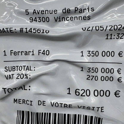 Tableau Déco Ticket de Caisse "Ferrari F40" - Tableau froissé