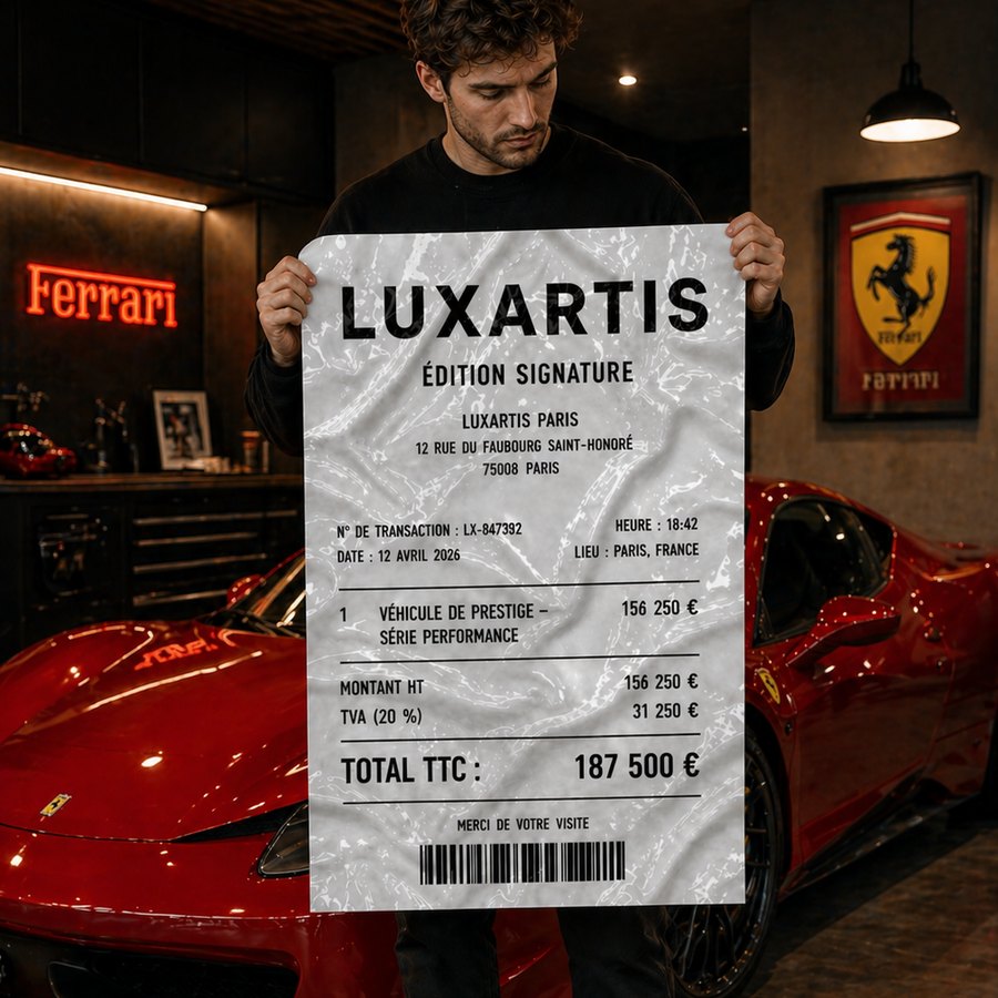 Œuvre Luxartis « Ferrari » — édition signature tenue devant une 458 rouge