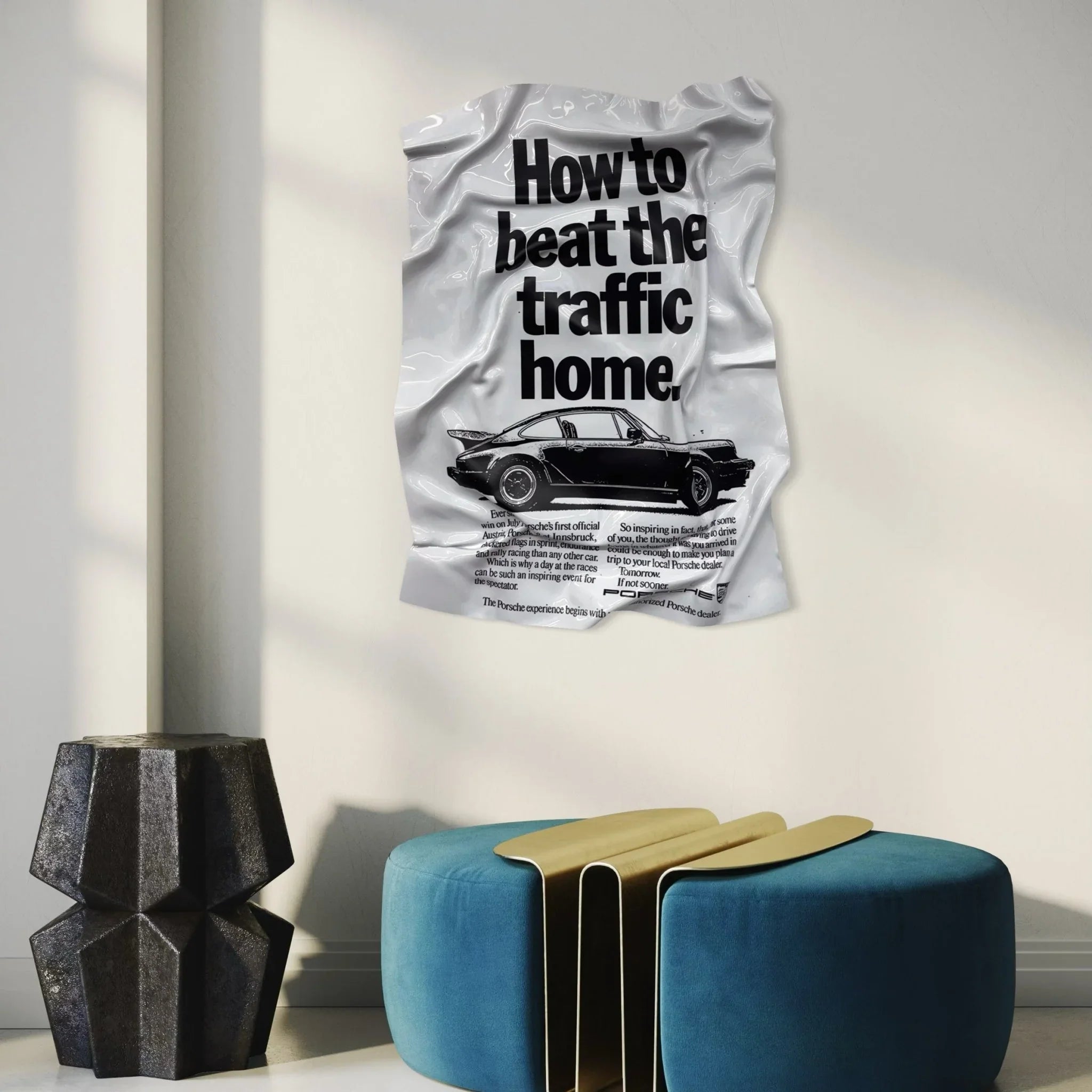 Tableau froissé - Affiche Porsche Vintage "How to beat the traffic home" - Luxartis