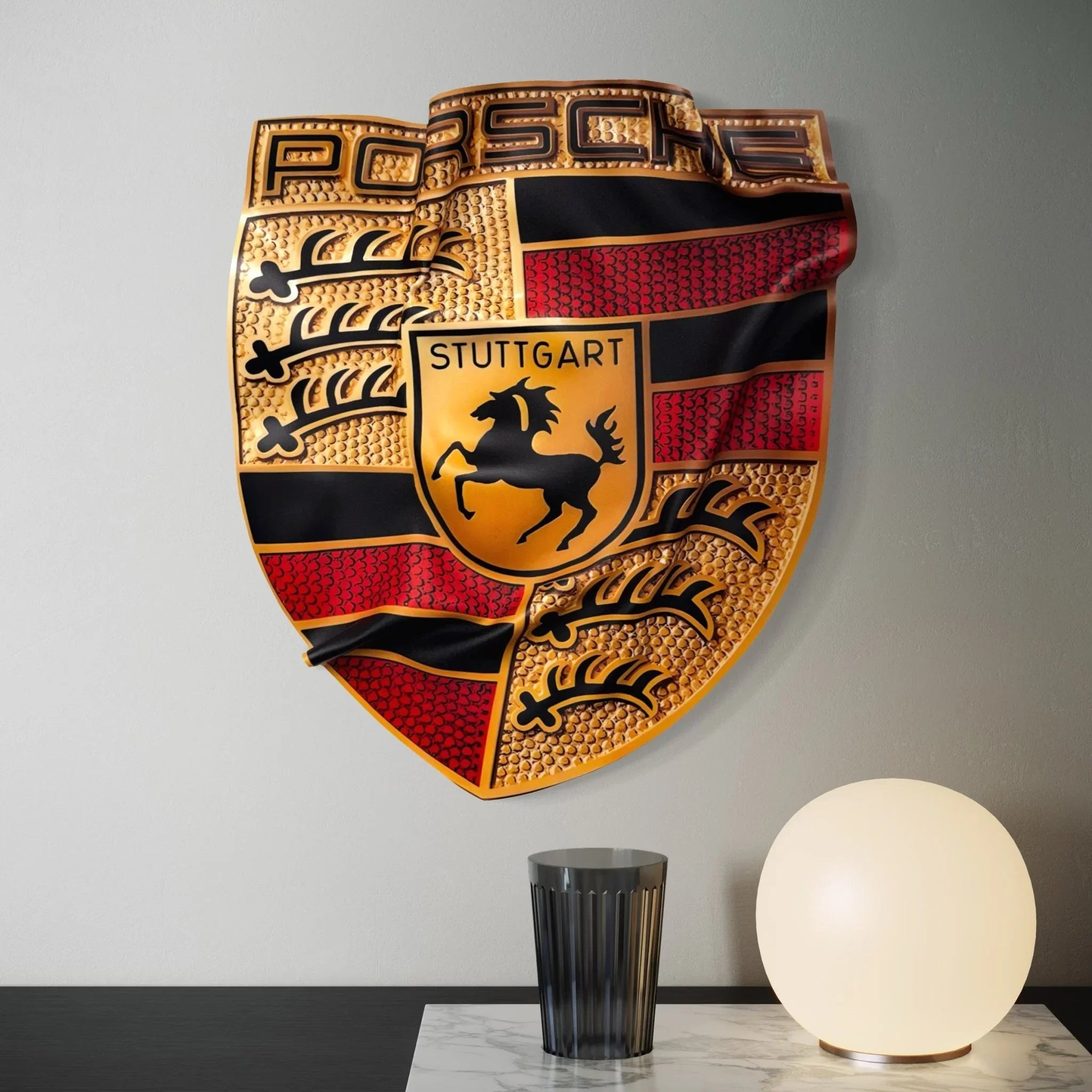 Tableau froissé - Emblème Porsche "Stuttgart Gold" - Luxartis